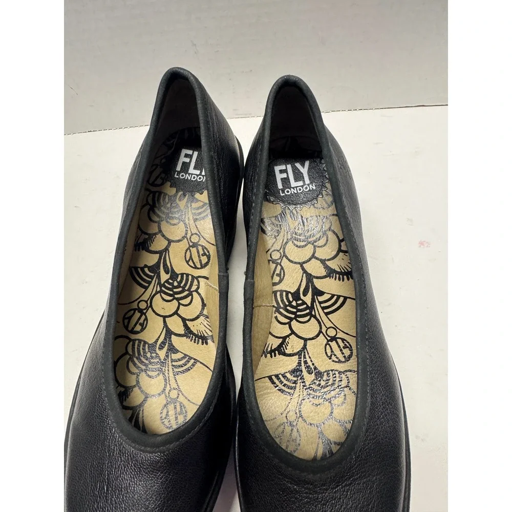 Fly London YAZ Black Leather Wedge Pumps Platform Shoes Size 37 6.5